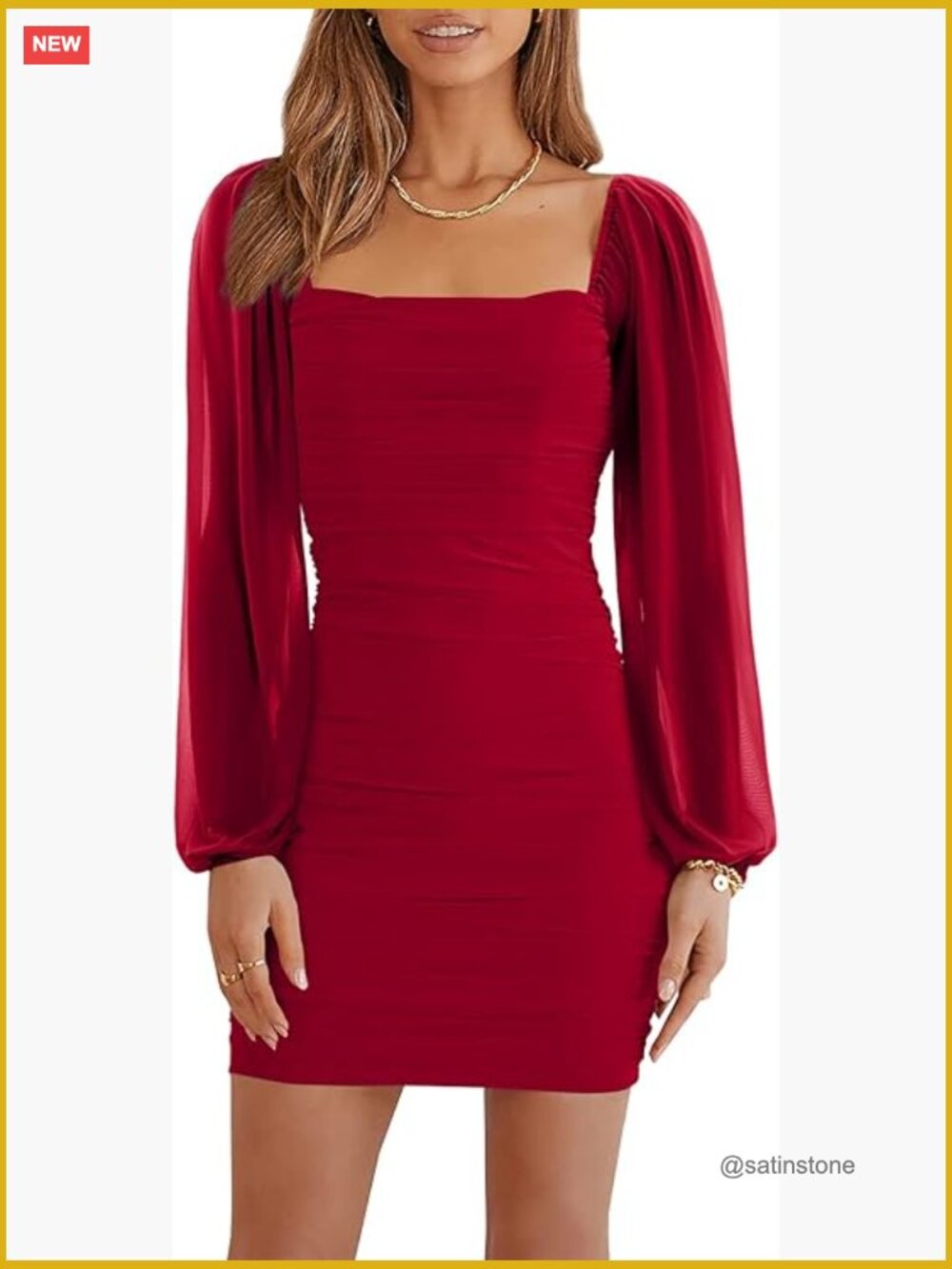 Mesh Long Sleeve Square Neck Ruched Bodycon Mini Dress